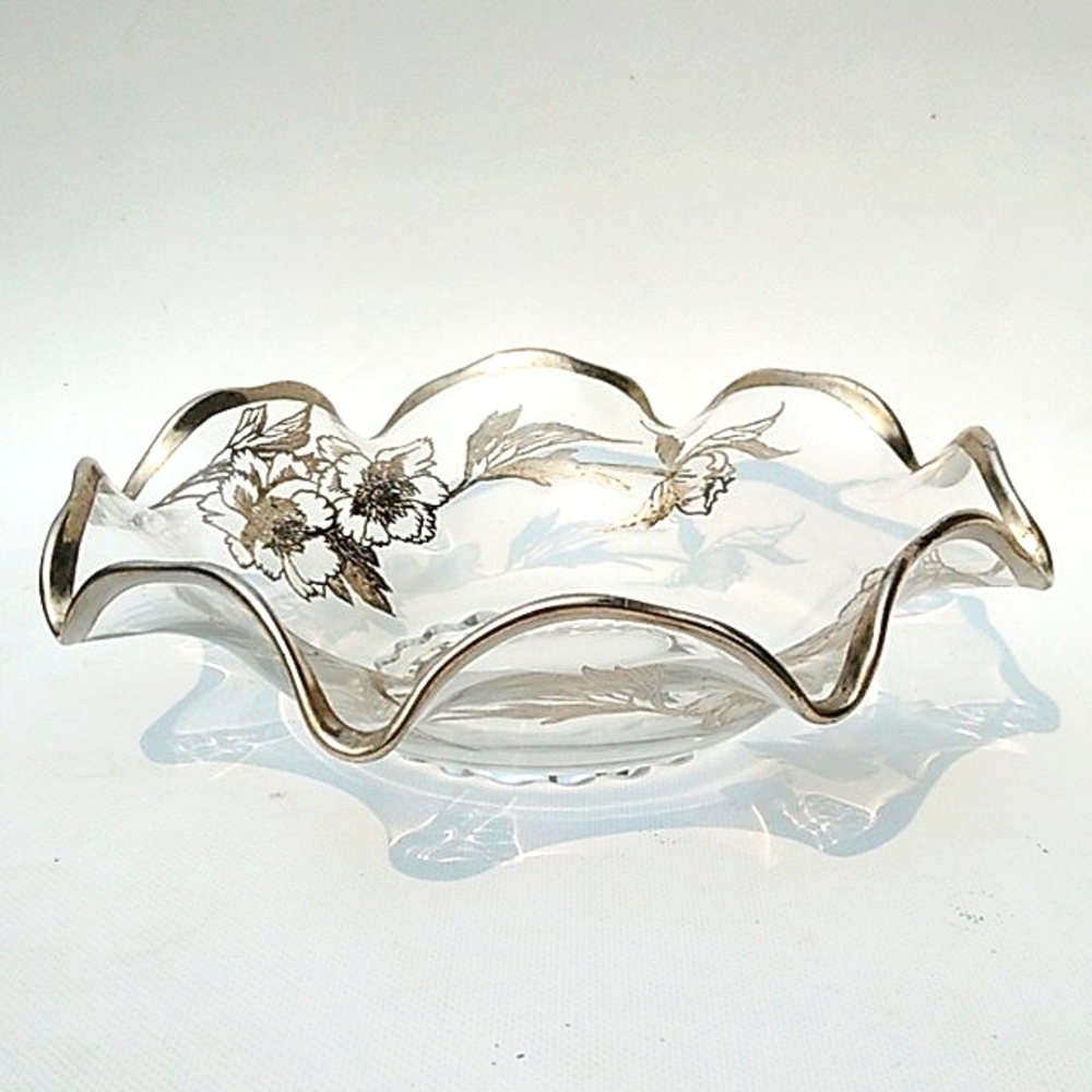 Vintage 50's Martinsville Viking Rockwell Sterling Silver Peony Overlay Bowl